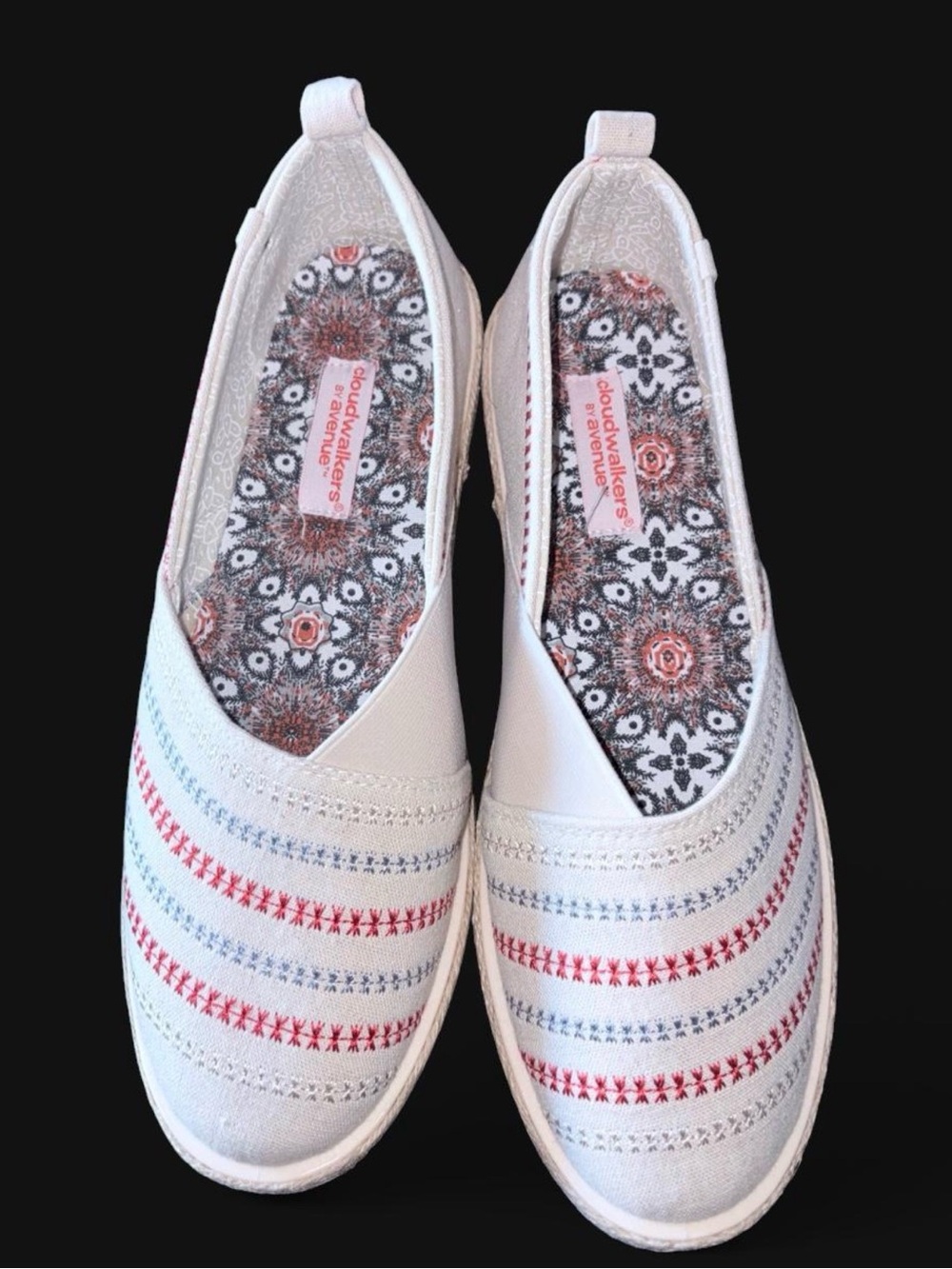 cloudwalkers Women’s White Slip-On Flats with Red & Blue Stitching
